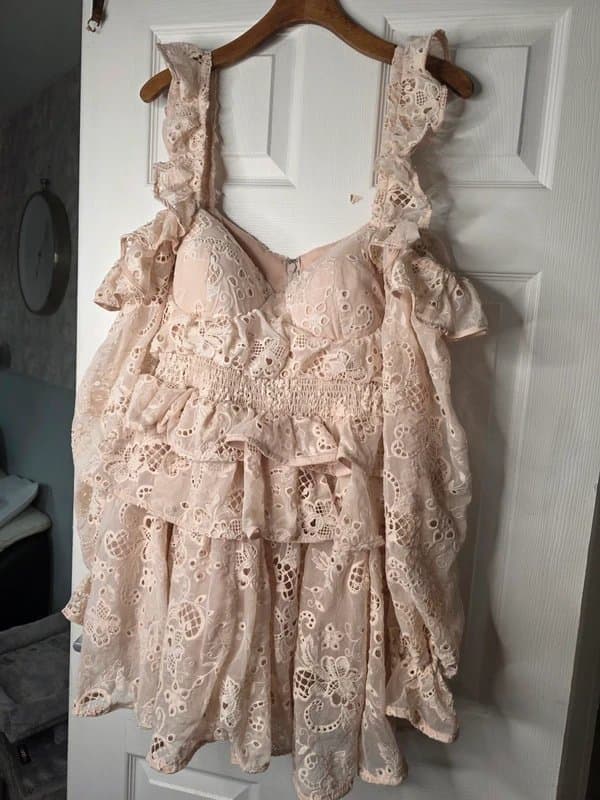 ASOS Asos Luxe Lace Mini Dress UK 14 Nude Blush Ruffle Summer Party Holiday