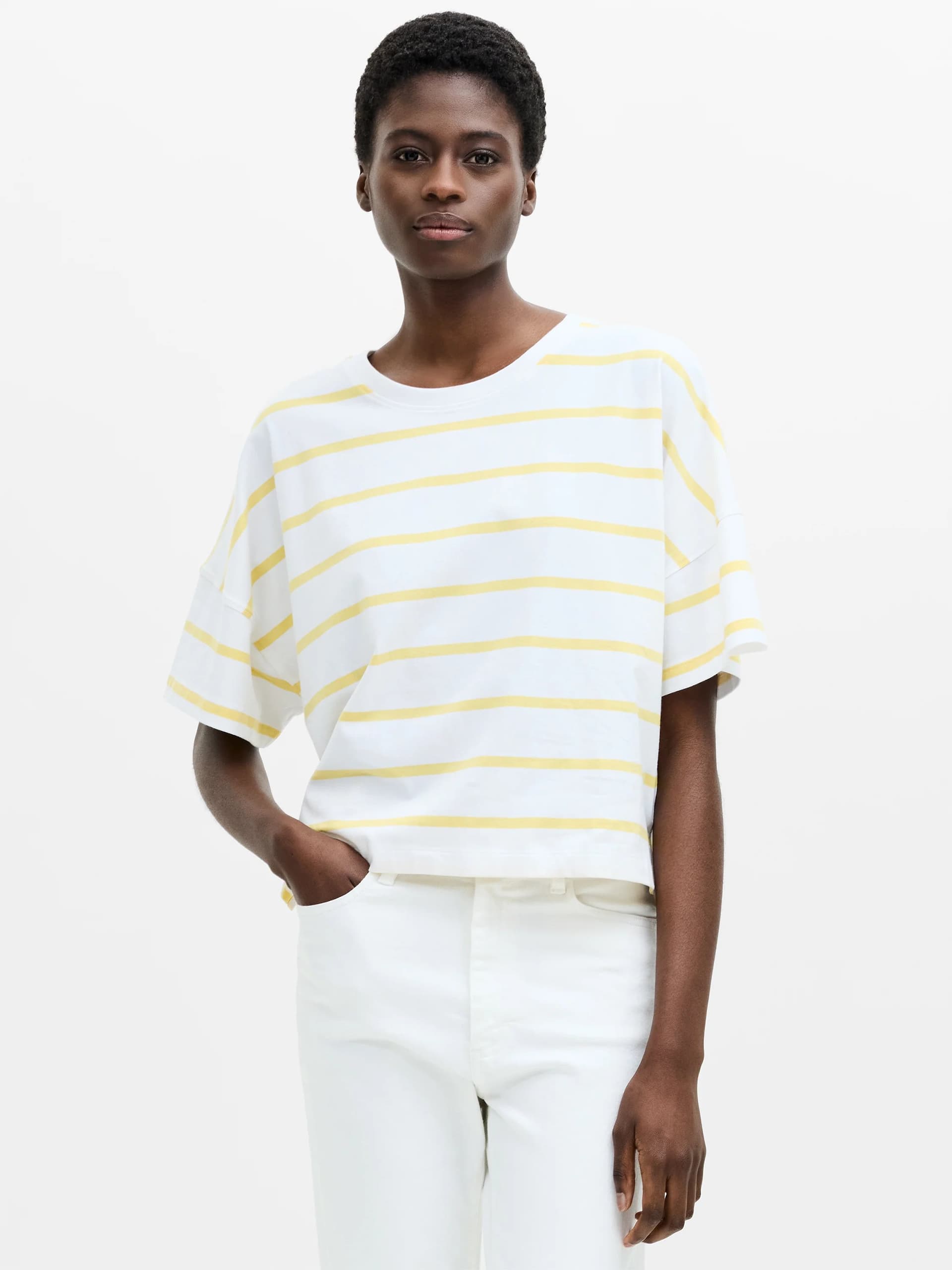 French Connection Striped Stepped Hem T-Shirt White/Butter Yellow