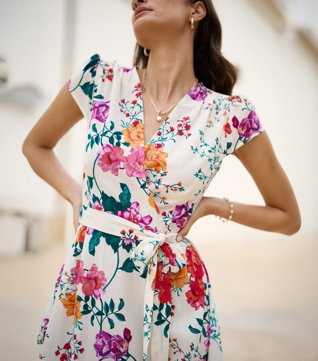 Yumi Women's White Floral Print Wrap Front Belted Midi Dress Yumi New Look - 3