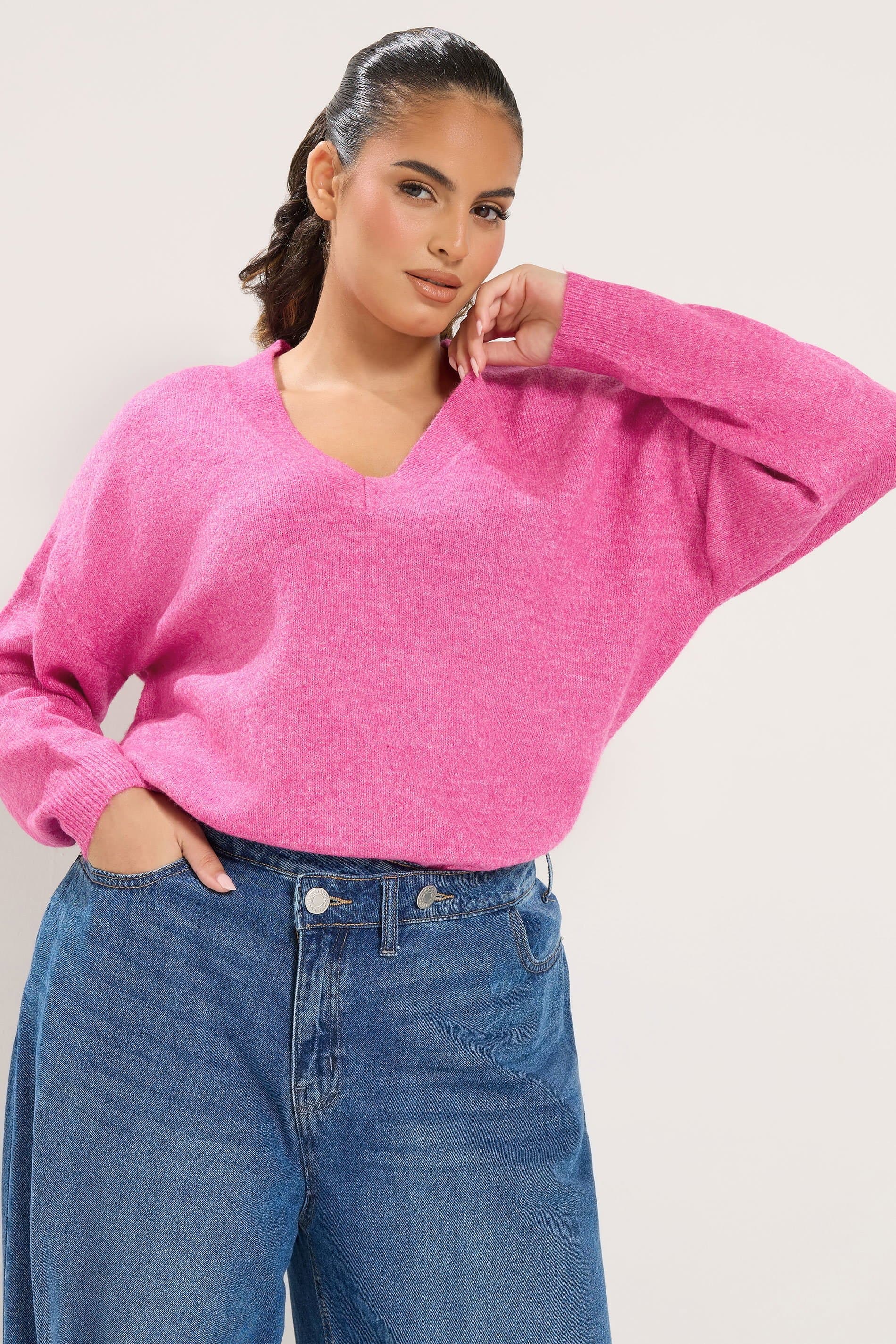 Yours Plus Size Pink Knitted Vneckline Jumper