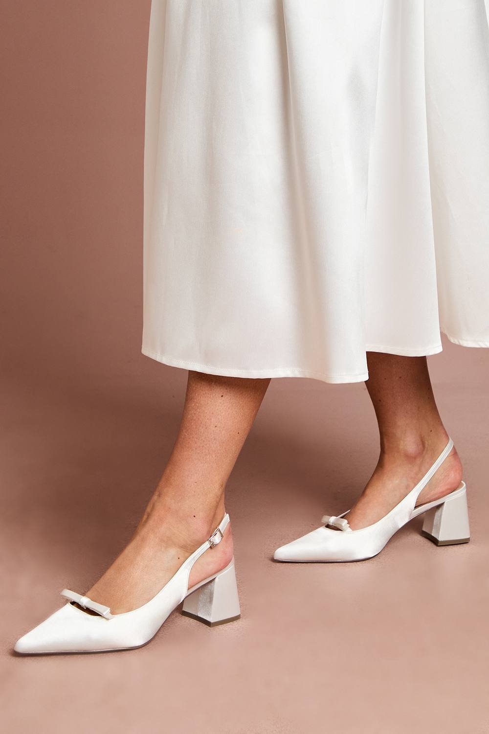 Coast Coast Women's Riley Satin Bow Detail Slingback Medium Block Heel Court Shoes in Ivory - 2