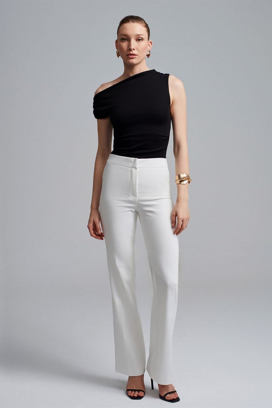 Dilvin Dilvin Women's High-Waist Flare Trousers in White