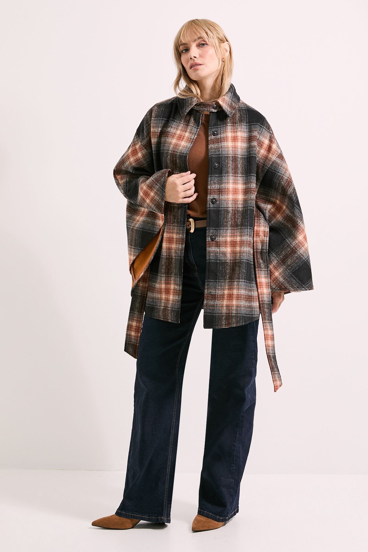 Wallis Wallis Women's Principles by Check Cape Coat in Brown - 4