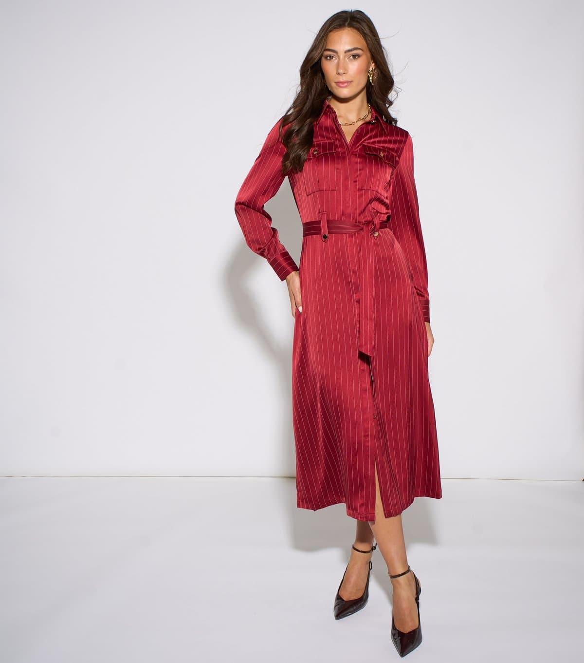Gini London Women's Dark Red Satin Utility Belted Shirt Dress Gini London New Look