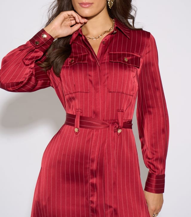 Gini London Women's Dark Red Satin Utility Belted Shirt Dress Gini London New Look - 2