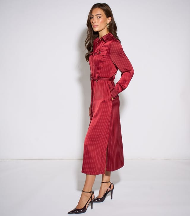 Gini London Women's Dark Red Satin Utility Belted Shirt Dress Gini London New Look - 3
