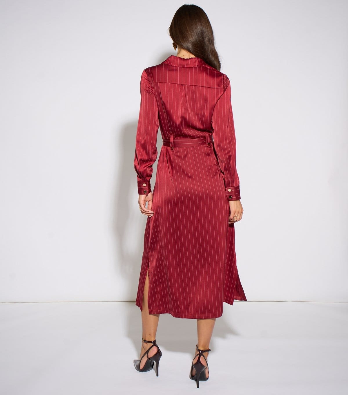 Gini London Women's Dark Red Satin Utility Belted Shirt Dress Gini London New Look - 4