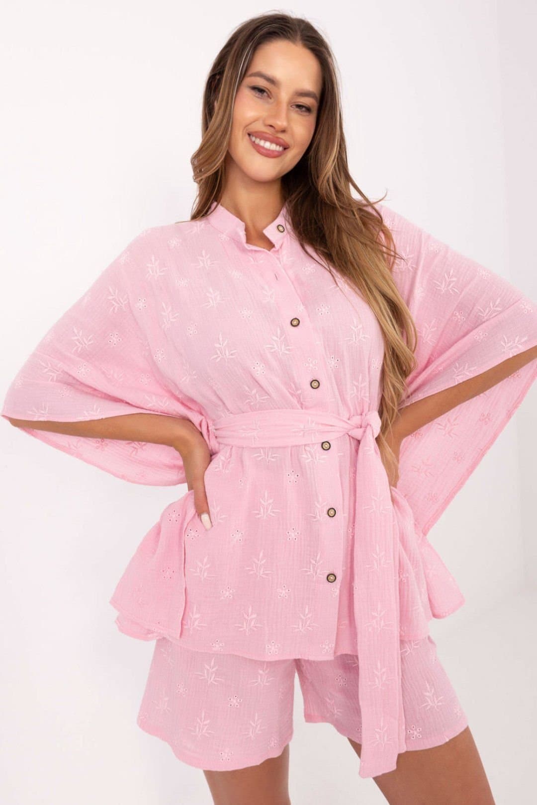 Love Lace Love Lace Pink Muslin Cotton Embroidered Shirt & Shorts Set