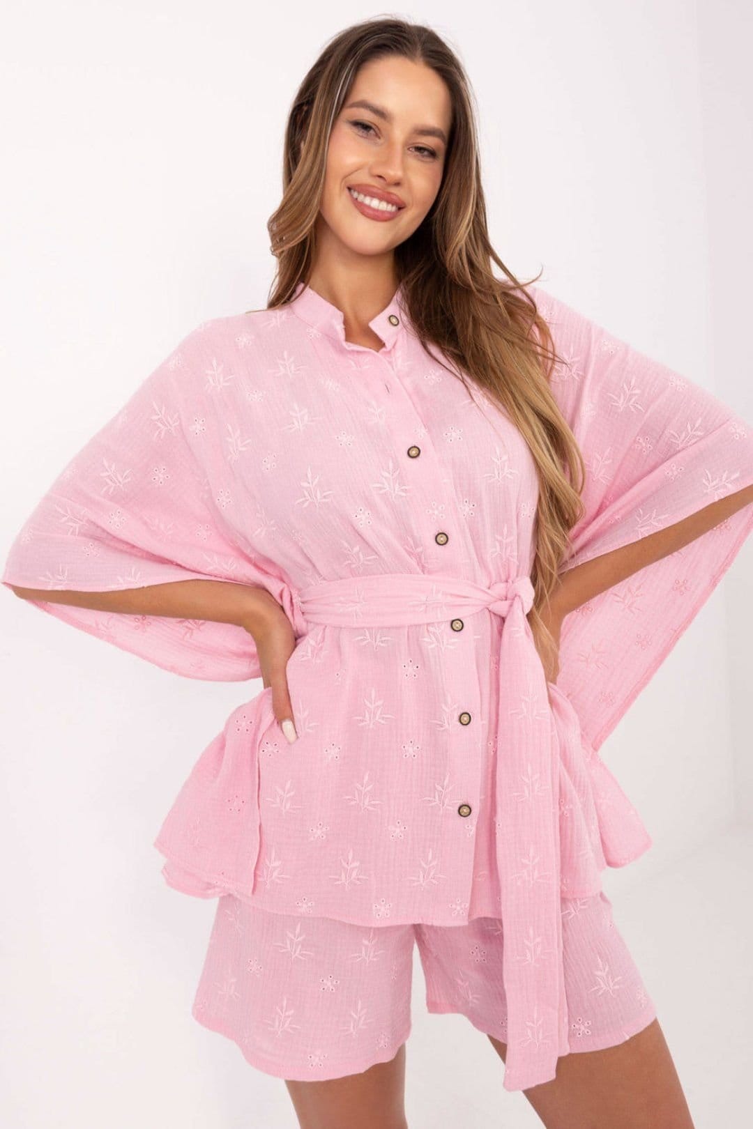 Love Lace Pink Muslin Cotton Embroidered Shirt & Shorts Set