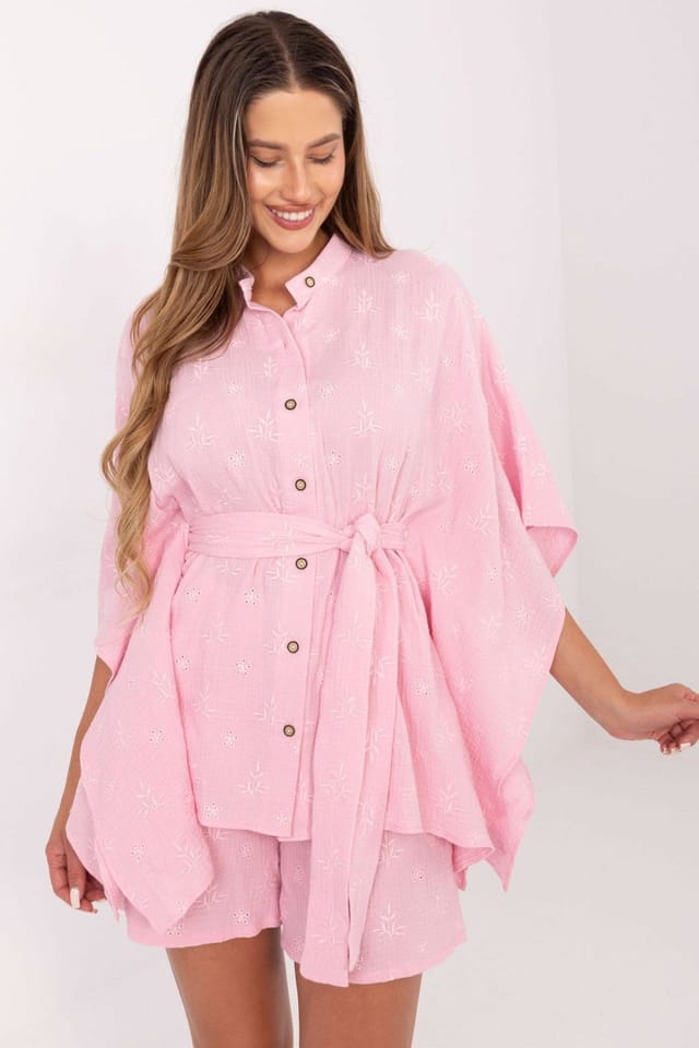 Love Lace Love Lace Women's Muslin Cotton Embroidered Shirt & Shorts Set in Pink - 2