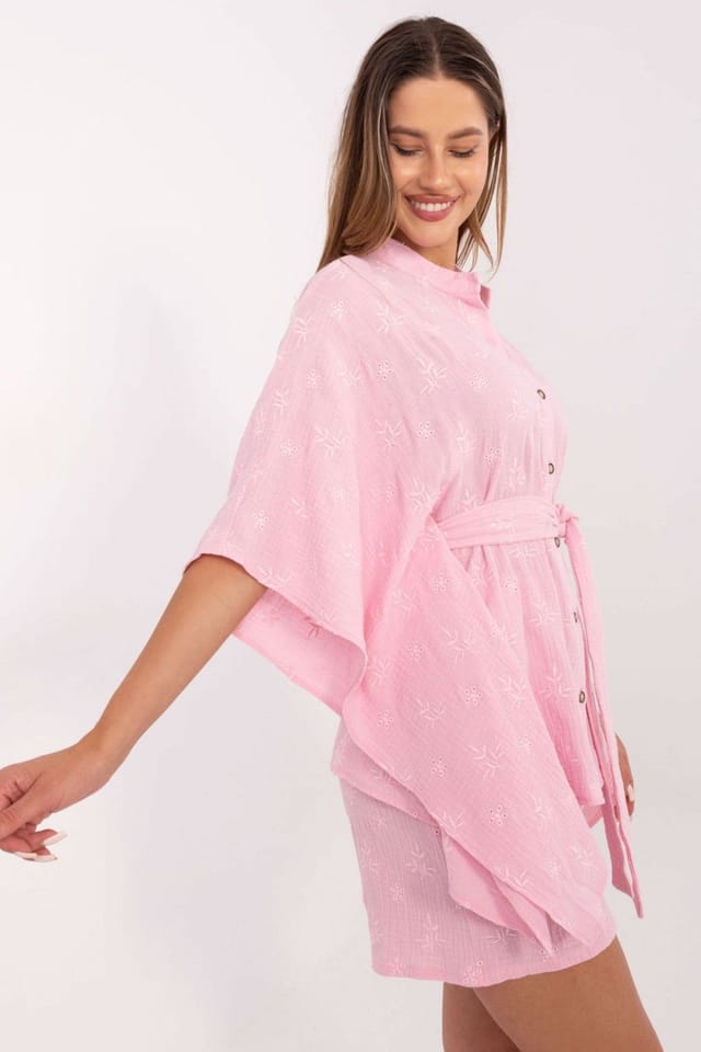 Love Lace Love Lace Women's Muslin Cotton Embroidered Shirt & Shorts Set in Pink - 3