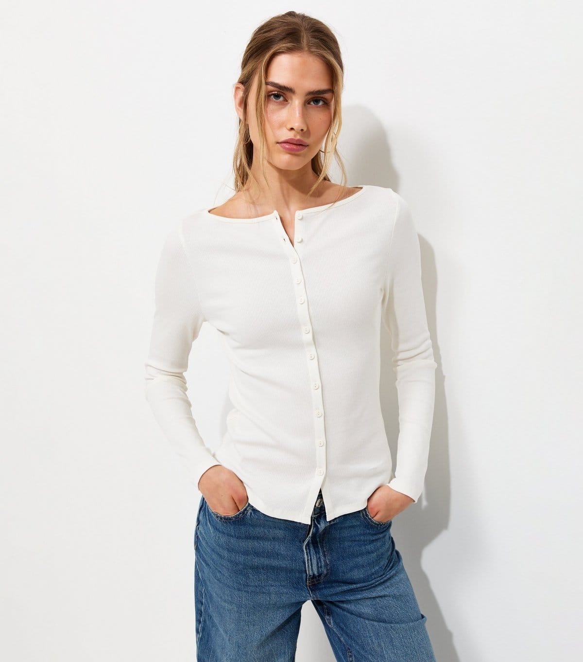 Women's Cream Rib Button Through Slash Neck Long Sleeve Top New Look