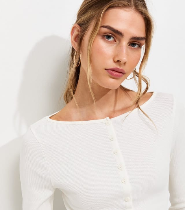 New Look Women's Cream Rib Button Through Slash Neck Long Sleeve Top New Look - 2