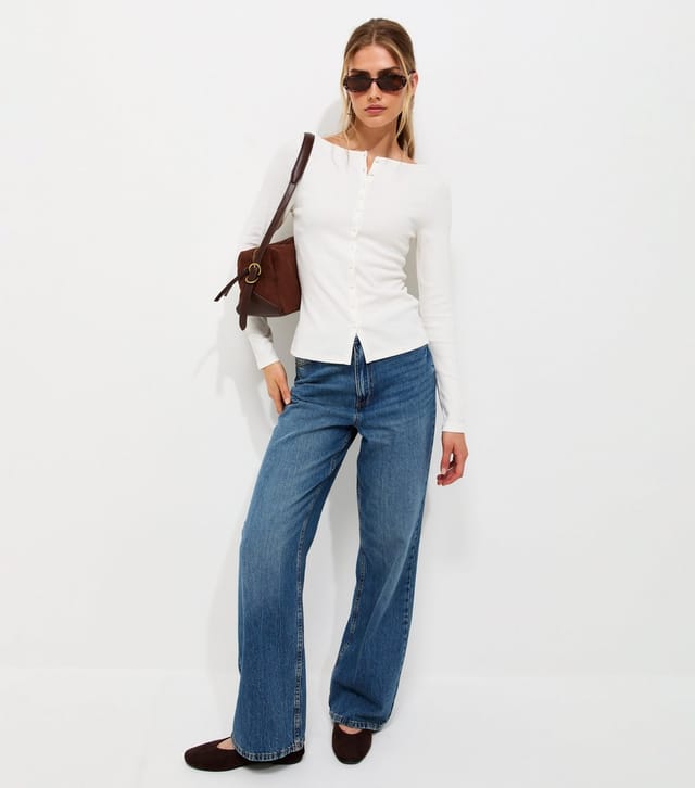 New Look Women's Cream Rib Button Through Slash Neck Long Sleeve Top New Look - 3