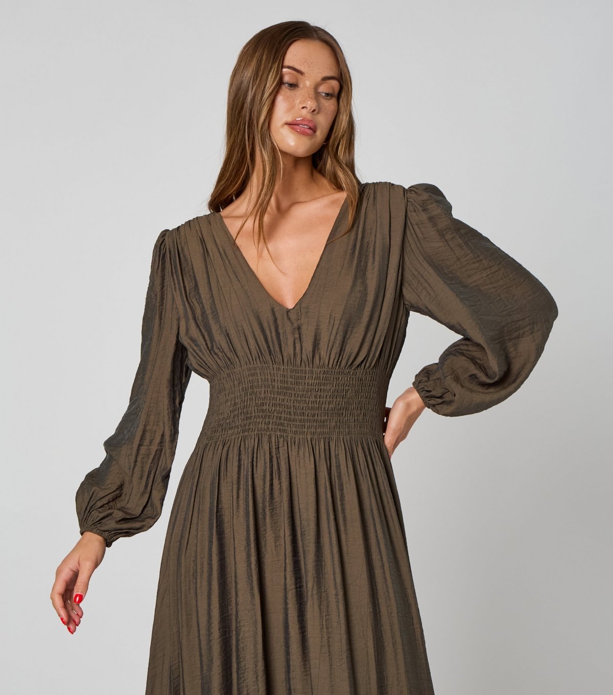 Urban Bliss Women's Dark Khaki Long Sleeve Elasticated Waist Maxi Dress Urban Bliss New Look - 2