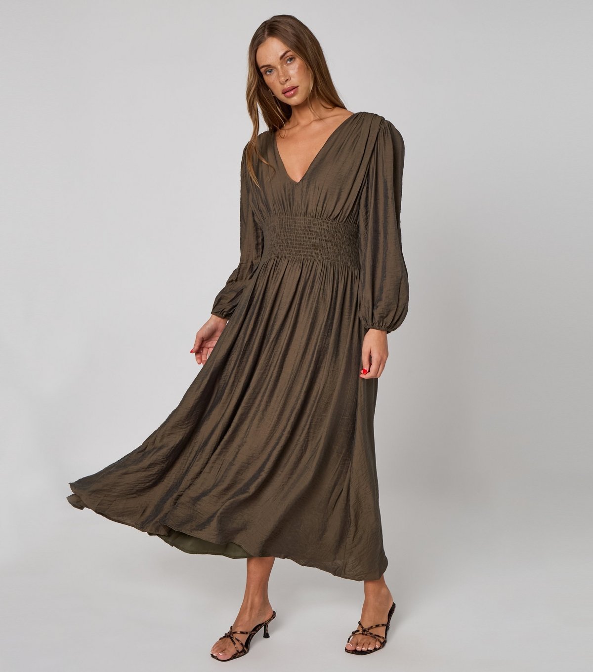 Urban Bliss Women's Dark Khaki Long Sleeve Elasticated Waist Maxi Dress Urban Bliss New Look - 3