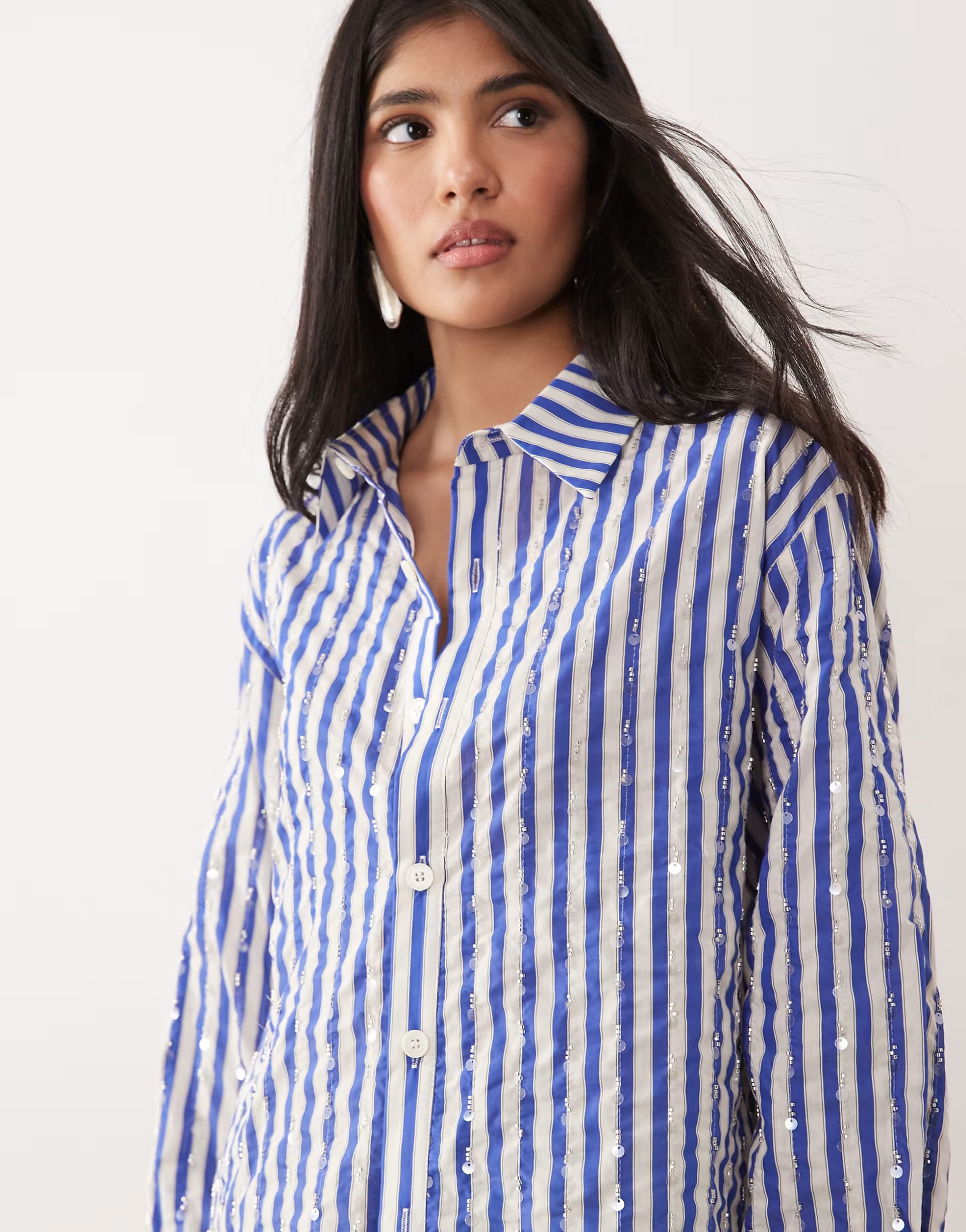 ASOS Blue Striped Embellished Long Sleeve Shirt