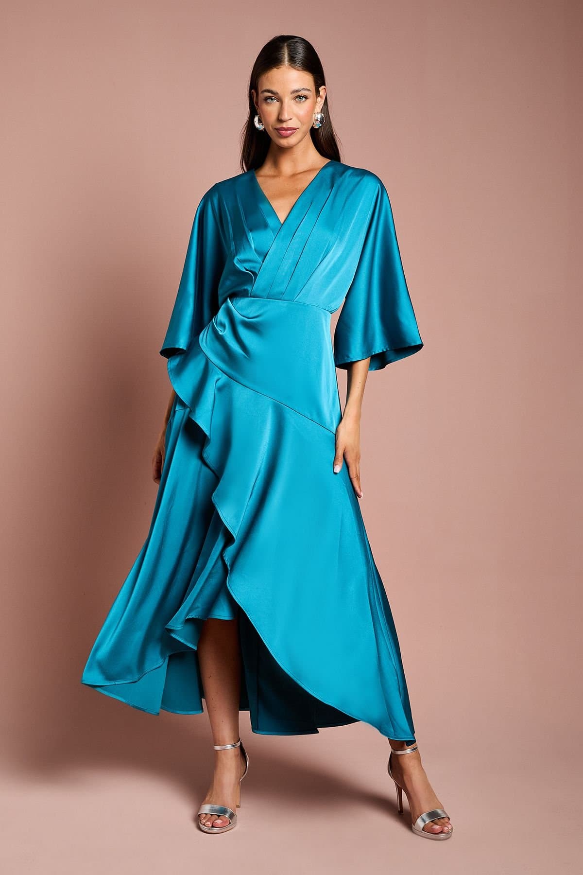 Coast Coast Women's Satin Back Crepe Ruffle Wrap Midi Dress in Teal
