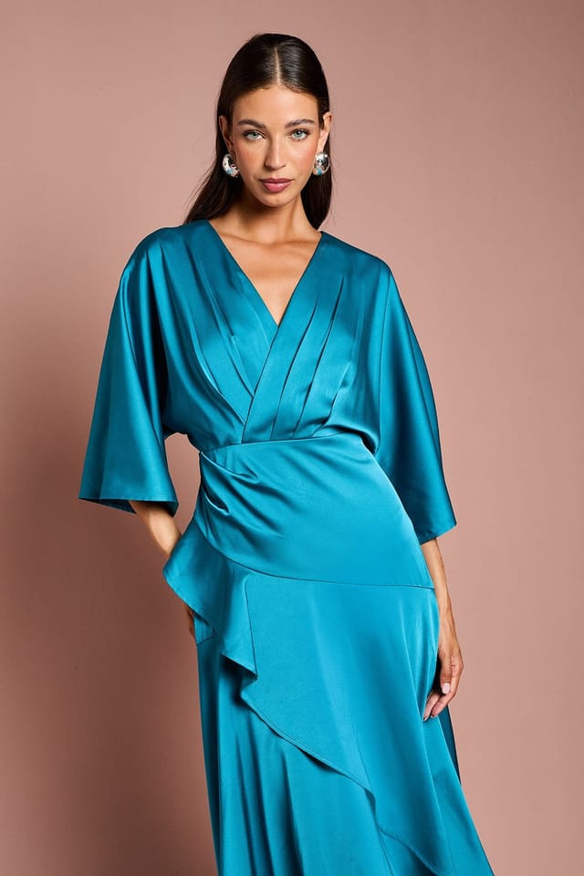 Coast Coast Women's Satin Back Crepe Ruffle Wrap Midi Dress in Teal - 2