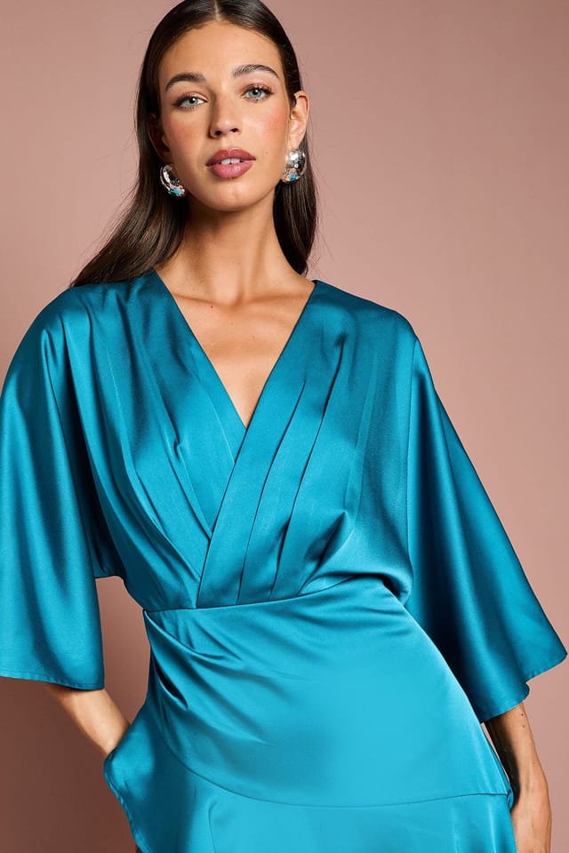 Coast Coast Women's Satin Back Crepe Ruffle Wrap Midi Dress in Teal - 3
