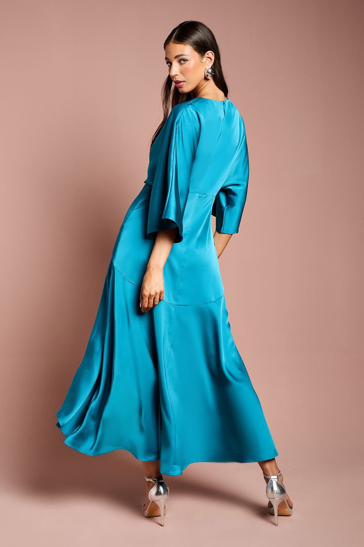 Coast Coast Women's Satin Back Crepe Ruffle Wrap Midi Dress in Teal - 4