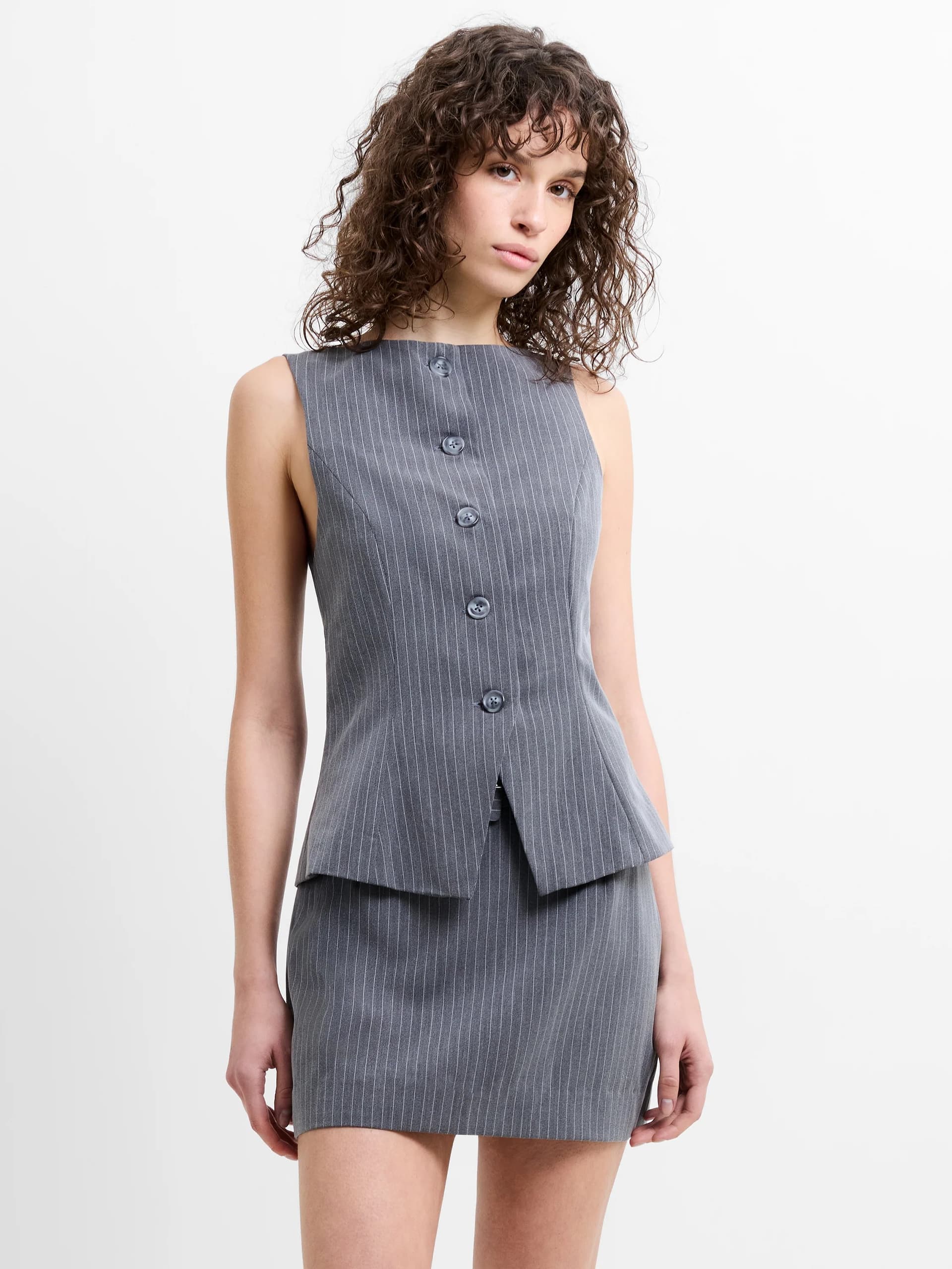 French Connection Minka Pinstripe Tailored Button Down Vest Steel Haze/White