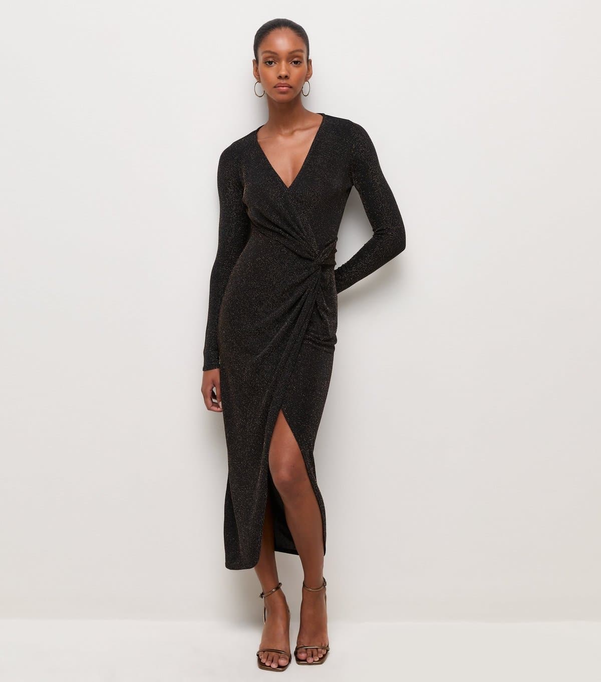New Look Women's Black Shimmer Wrap Midi Dress New Look