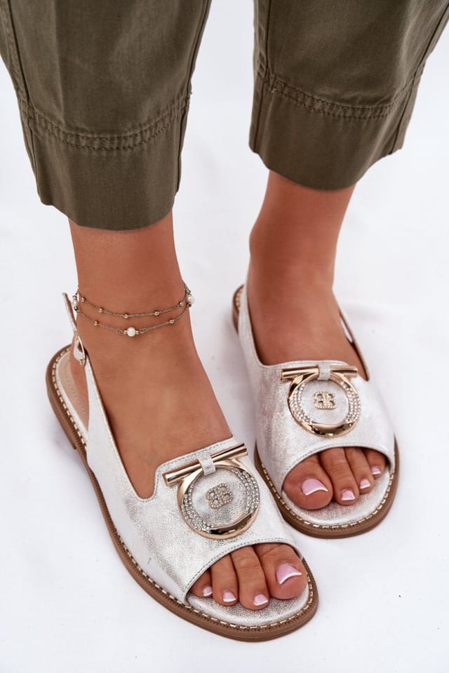 Love Lace Love Lace Women's Elegant Flat Heel Buckle Sandals with Decorative Front Strap in Silver - 3