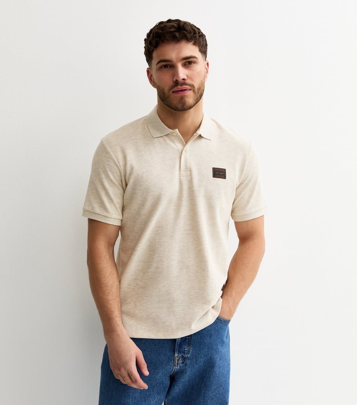 jack & jones Men's Regular Cream Logo Patch Polo Shirt Jack & Jones New Look