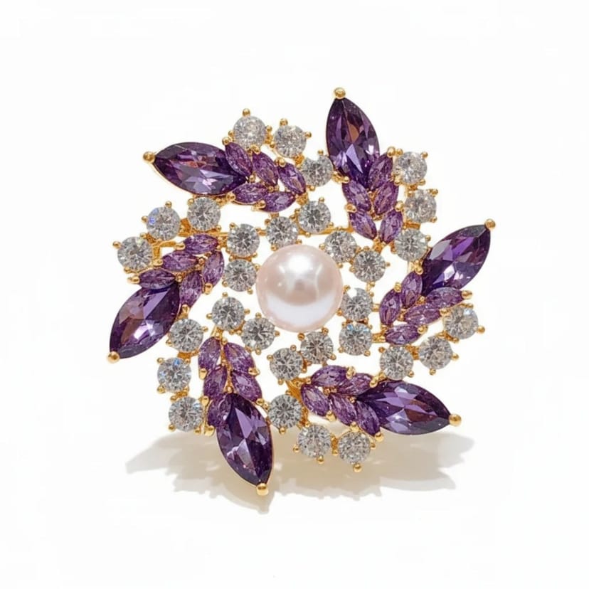 Angel Barocco Angel Barocco Women's Royal Amethyst & Freshwater Pearl Floral Brooch - 1