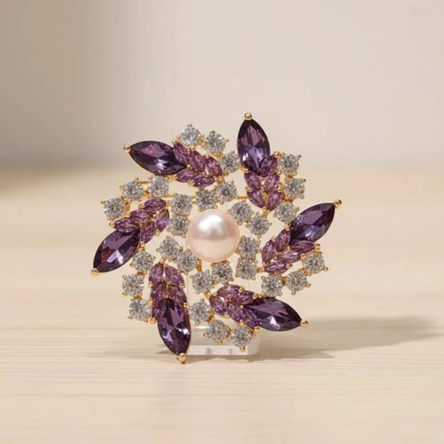 Angel Barocco Angel Barocco Women's Royal Amethyst & Freshwater Pearl Floral Brooch - 2