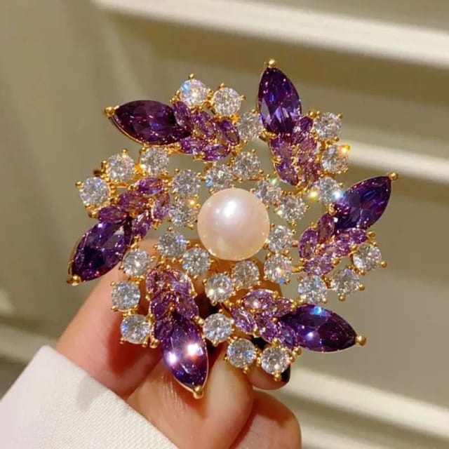 Angel Barocco Angel Barocco Women's Royal Amethyst & Freshwater Pearl Floral Brooch - 3