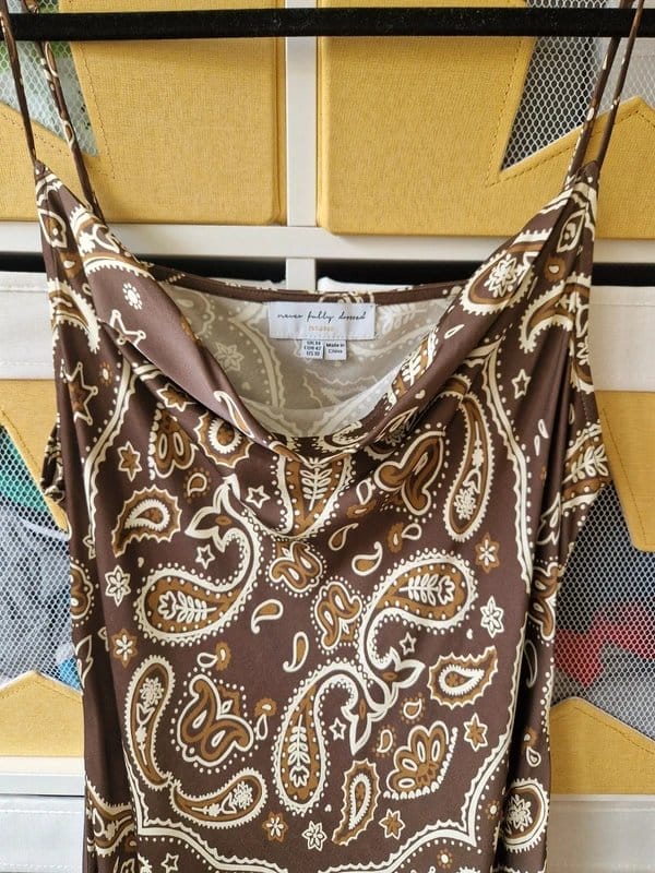 Never Fully Dressed Brown Paisley Cowl Neck Dress Size 14
