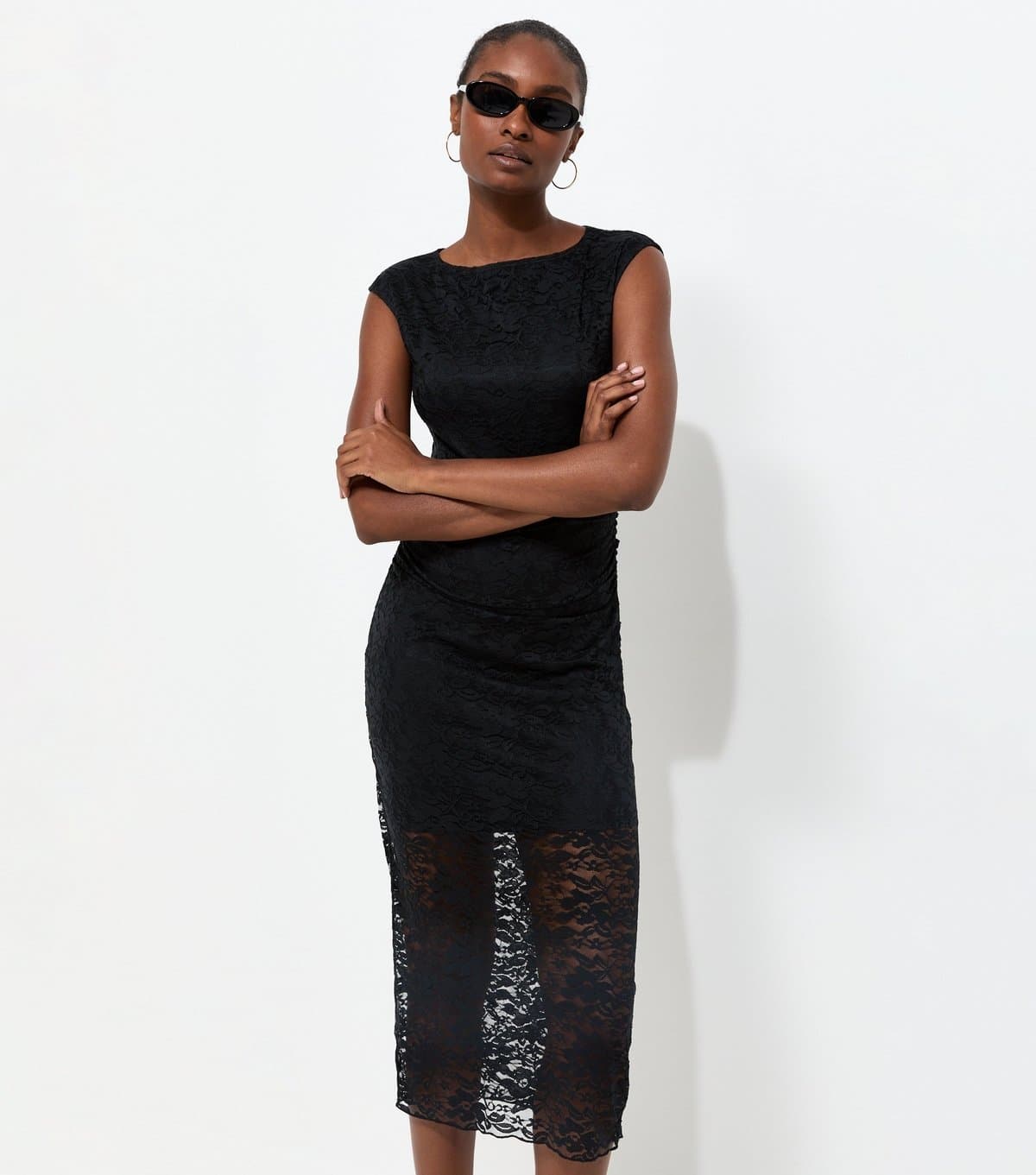 New Look Women's Black Lace Ruched Side Sleeveless Midi Dress New Look