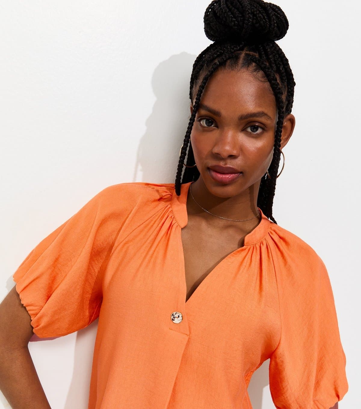 New Look Women's Orange Puff Sleeve V-Neck Blouse New Look