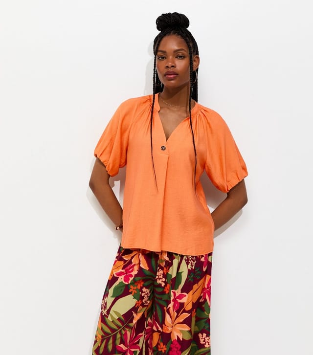 New Look Women's Orange Puff Sleeve V-Neck Blouse New Look - 2