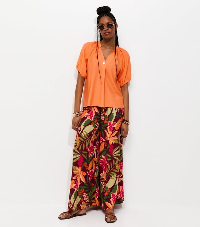 New Look Women's Orange Puff Sleeve V-Neck Blouse New Look - 3