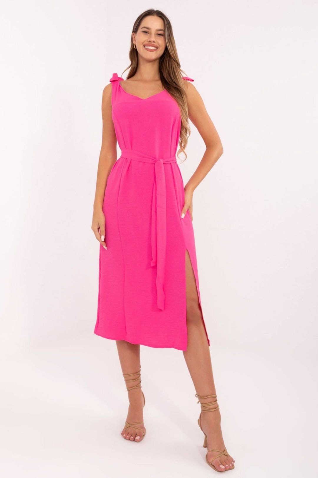 Love Lace Pink Summer Day Dress with Tied Waist and Front Slit
