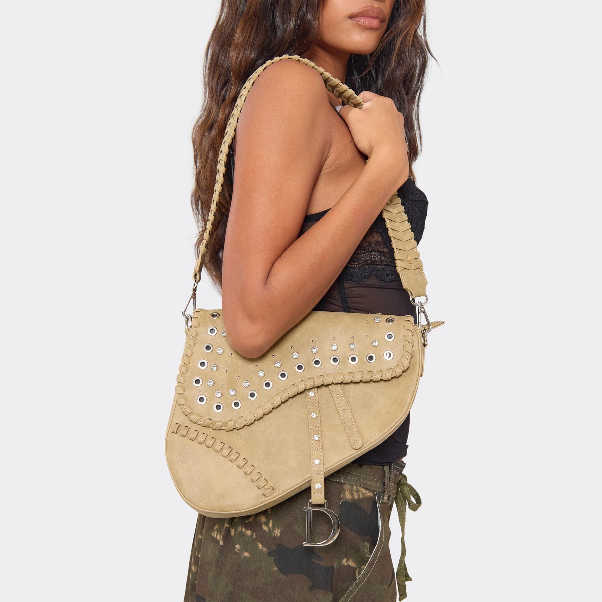EGO EGO Taupe Faux Leather Stud Detail Shoulder Bag