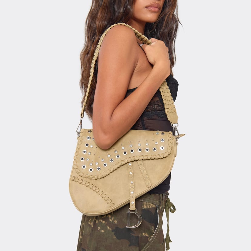 EGO Dree Eyelet Stud Detail Saddle Shoulder Bag In Taupe Faux Leather, Women's Size UK 0 - 1