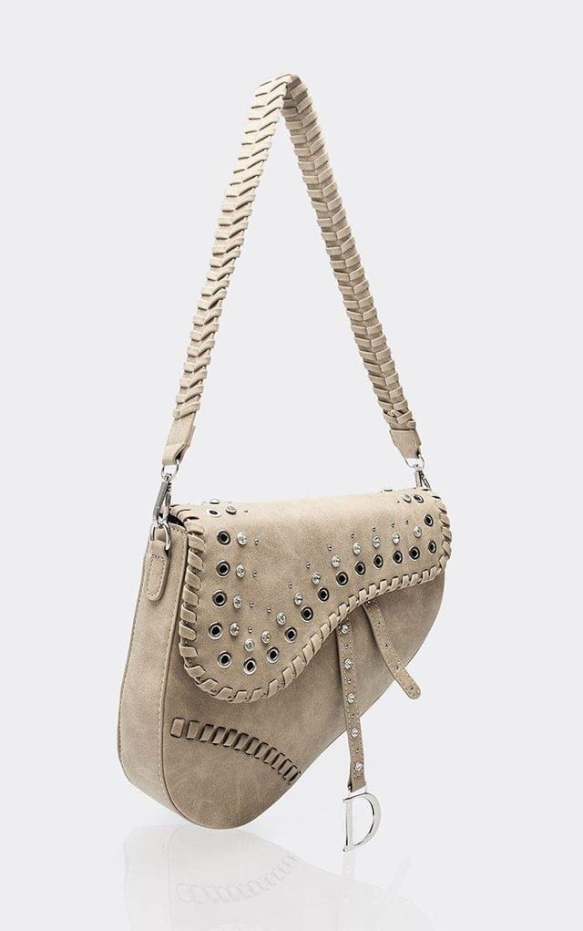 EGO Dree Eyelet Stud Detail Saddle Shoulder Bag In Taupe Faux Leather, Women's Size UK 0 - 2