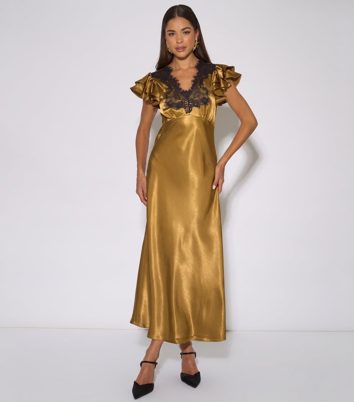 Gini London Women's Gold Satin Lace Trim Maxi Dress Gini London New Look