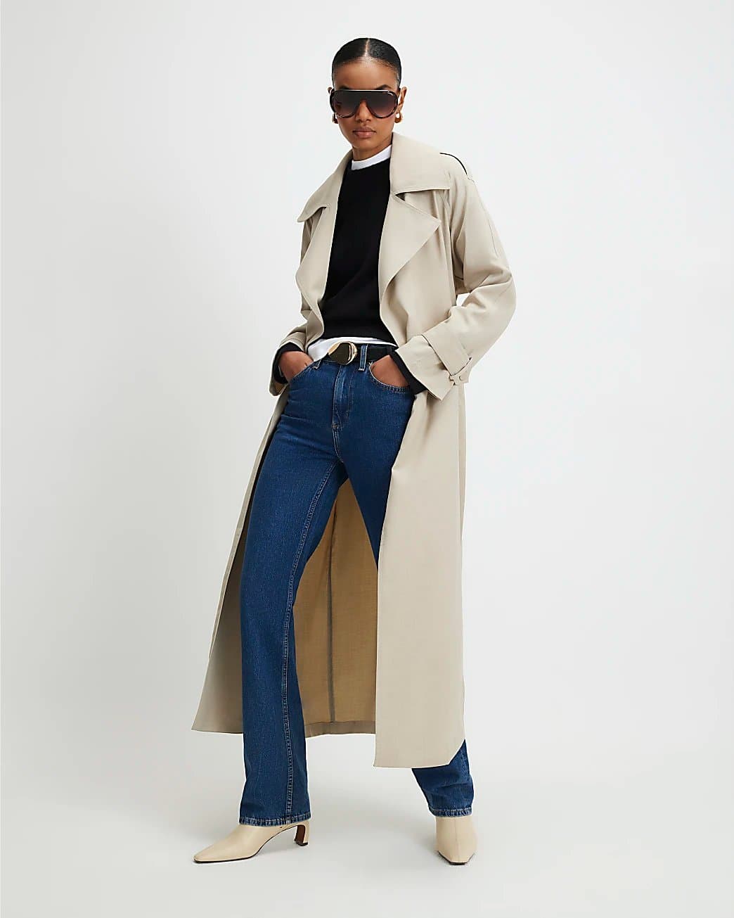 River Island River Island Womens Cream Collared Long Sleeve Trench Coat