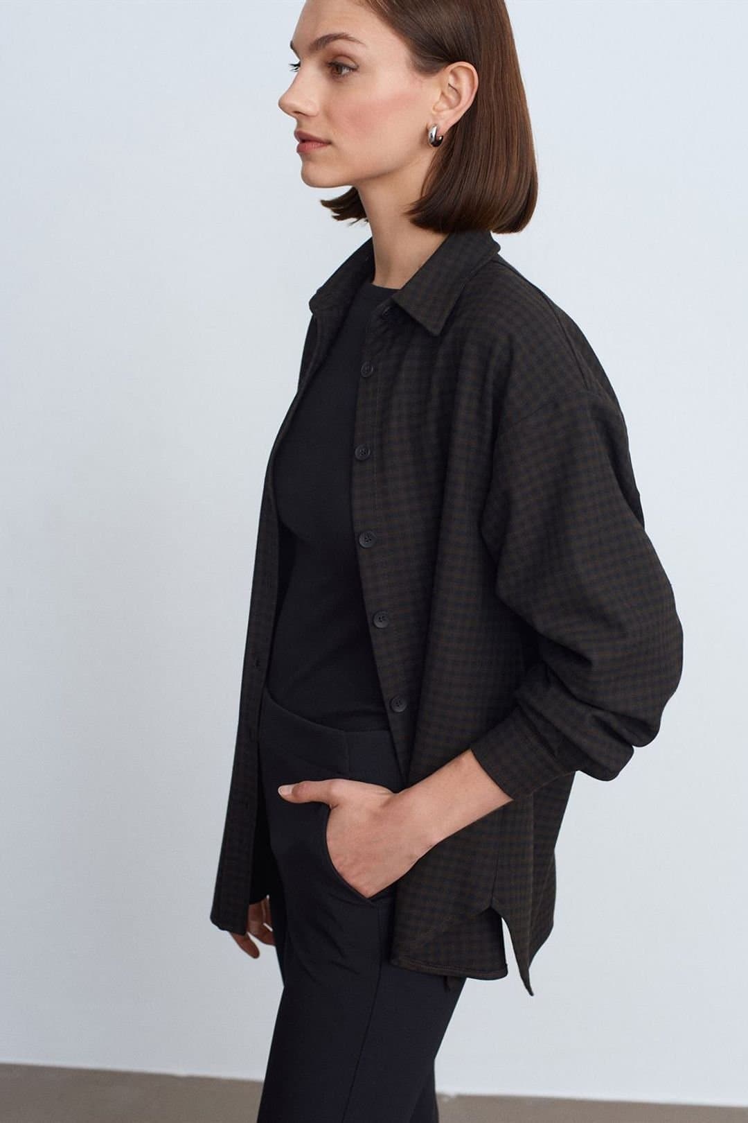 Dilvin Dilvin Dark Grey Oversized Long-sleeve Micro-pattern Shirt