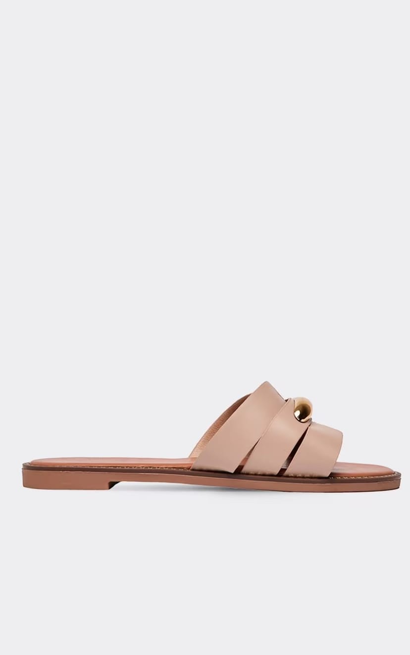 EGO Kilea Cut Out Trim Detail Flat Slider Sandal In Nude Faux Leather, Women's Size UK 3 - 1