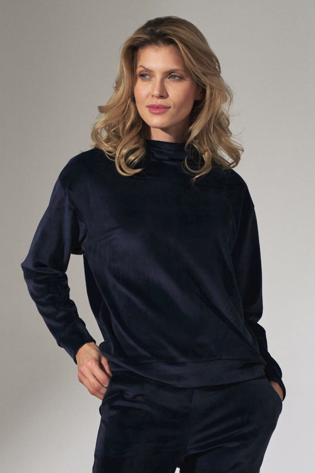 Love Lace Love Lace Women's Velour Stand Up Collar Hoodie Loose Fit in Blue