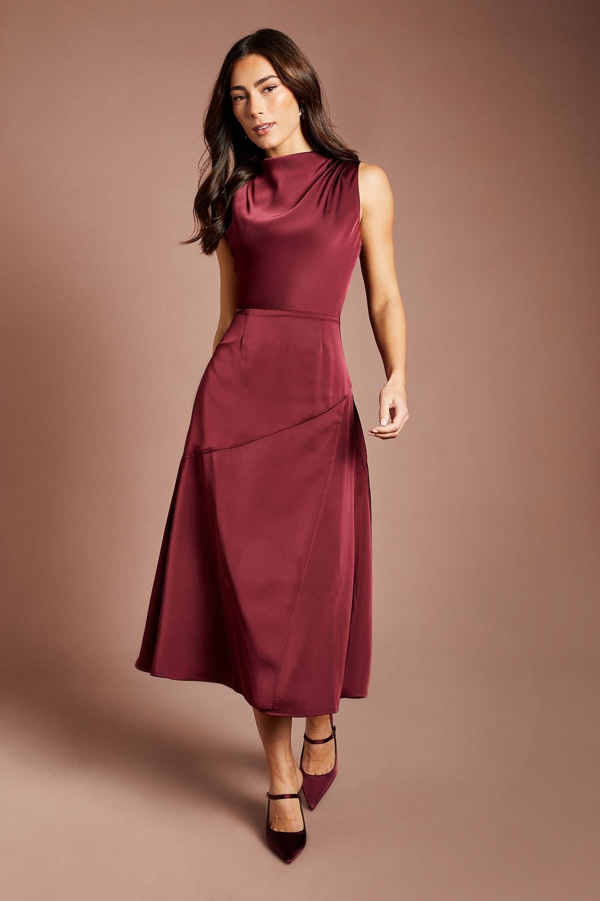 Coast Coast Women's Cowl Neck Sleeveless Satin Midi Dress in Fig