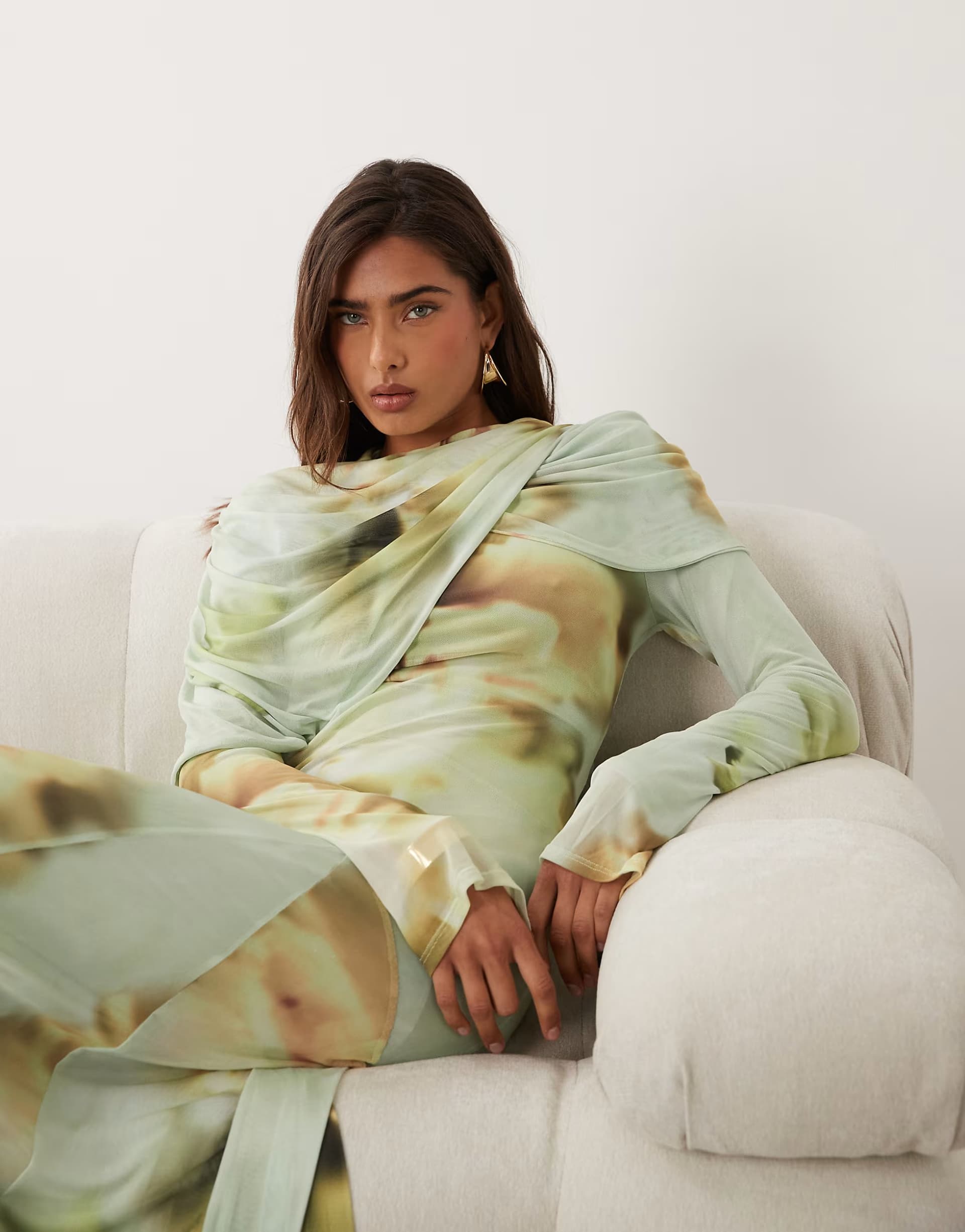 ASOS ASOS DESIGN printed mesh maxi dress with overlay draped neckline detail in green blurred floral