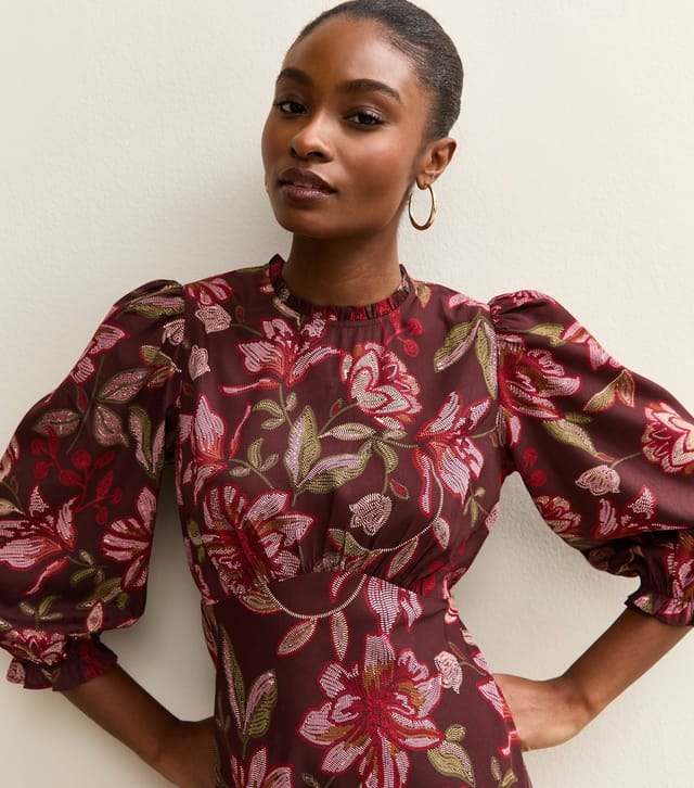 New Look Women's Purple Floral Cropped Sleeve MIdi Dress New Look - 3