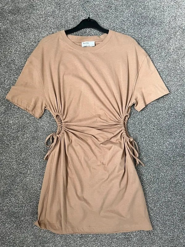 Bershka Beige Ruched Crew Neck Dress